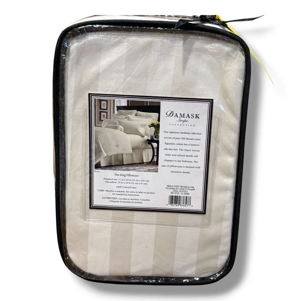 Damask Stripe‎ Collection 500 TC Egyptian Cotton King Pillowcases Ivory Pair NEW